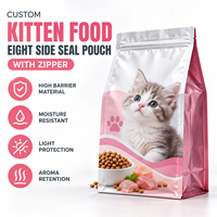 Sachet personnalisé en aluminium pour nourriture pour chatons, scellé sur huit côtés avec fermeture éclair, pour la vente au détail et en gros