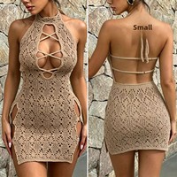 Hohles Strand-Maxikleid - Sexy V-Ausschnitt mit offenem Rücken und Ringdesign, Seitenschlitz Ärmelloses Sommerkleid für Damen