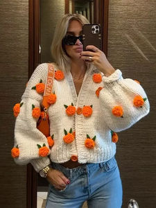 Suéter de Mujer de Moda Primavera, <span class=keywords><strong>Tejido</strong></span> <span class=keywords><strong>a</strong></span> <span class=keywords><strong>Crochet</strong></span> con Flores 3D, Personalizado, de Manga Larga, Cuello en V, Corto, Holgado, Tipo Cárdigan - Product Image 5