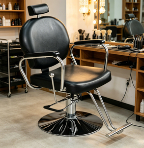 Silla de Barbero de Diseño Industrial, Asiento de Cuero Sintético, Estructura de Acero Inoxidable, Silla de Salón con Altura Ajustable Hidráulica y Base Redonda - Product Image 3