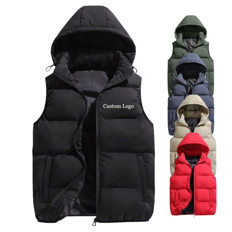 Men's Winter Bubble Vest Lightweight Puffer with Zipper Closure Big Panel Detachable Hood Drawstring Waistcoat for Work