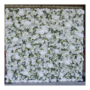 8ft x 8ft Custom 3D 5D White cloth flower wall panel backdrop wedding decor with green leaves