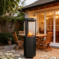 Chauffe-terrasse moderne en verre à flamme, chauffage extérieur au propane avec roues pour jardin, patio, cour et fêtes
