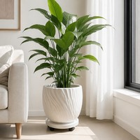 Pot de fleurs décoratif blanc ondulé à bords festonnés avec support à roulettes en résine, grand format, pour intérieur, extérieur, maison, bureau