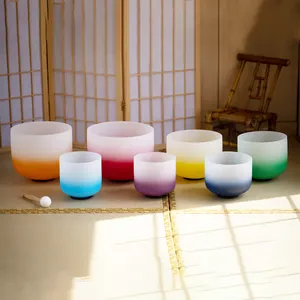 432HZ 7-12 pulgadas Chakra Set Color Frosted Quartz Bowl Crystal Singing Bowl para la curación del sonido