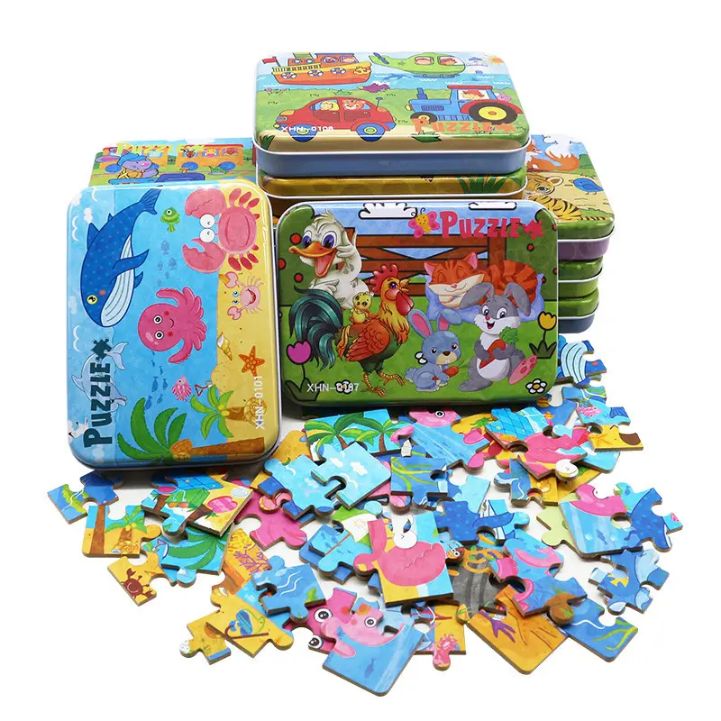 Commercio all'ingrosso 4 in 1 scatola di metallo in legno giocattoli educativi Jigsaw Puzzle Game