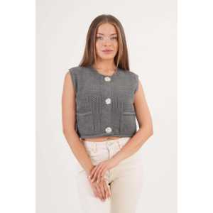 Gilet en tricot anthracite pour femme, sans manches, en laine, avec boutons dorés, doubles poches, vêtement d'extérieur - Product Image 3