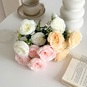 Bouquet de roses artificielles blanc, rose, champagne, fleurs en soie, haute simulation, décoration de mariage et de maison, réutilisable, recyclable - Product Image 4