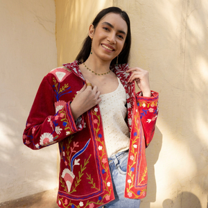 Luxurious Fusion Warmth Suzani Boho <b>Women</b> <b>Coat</b> Red Cotton <b>Velvet</b> Multicolour Floral Embroidered Ladies Jacket - Product Image 1