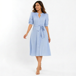 Vestido Camisero Bohemio de Algodón Recto para Mujer al por Mayor, con Volantes, Manga Corta, Midi, con Cinturón y Abertura, Elegante para Verano - Product Image 1