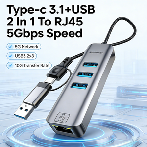 Type C/USB 2 in 1 ハブ、5G イーサネット 3ポート USB 3.2 スプリッター、RJ45 ギガビット ネットワークアダプター、編組ケーブル、MacBook、ラップトップ、PC用 - Product Image 2