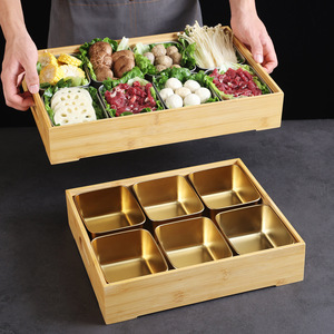 Bamboo Eight Compartment Tray With Stainless Steel Inserts For Hot Pot Serving And Food Presentation - Product Image 1