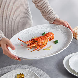 Juego de Platos de Porcelana Blanca Ecológica para Restaurante y Bodas, Plato Ovalado de Cerámica con Diseño en Relieve, Plato Elíptico para Pescado - Product Image 4