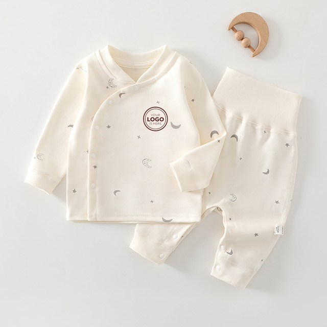 Breathable Cotton Infant 2PCS Set Moon Star Print Kimono Wrap Top  High Waist Belly Pants Baby Clothes