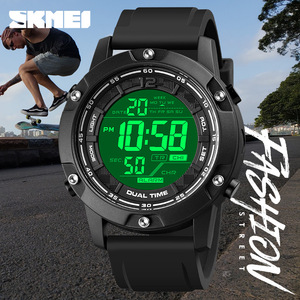 Skmei Digital Watch Men 100m Water Resistant Black Silicone Strap Dual Time Alarm Sport Watch - Product Image 1