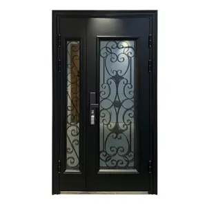 Conception en verre de sécurité de Villa, porte d'entrée principale de luxe en acier forgé, porte noire