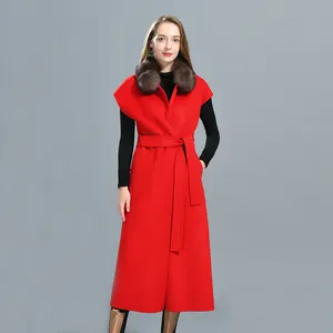 Wholesale Handmade Sew Ladies Cashmere Wool Belt Long Coat With Real Fox Fur Collar Custom Women Cashmere Vest