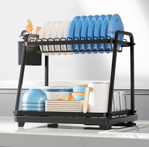 Nouvel arrivage en gros : Égouttoir à vaisselle de cuisine à double couche avec support pour baguettes et étagère de rangement - Product Image 2