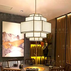 Lampe suspendue carrée de style chinois, cadre doré, abat-jour en tissu, LED E27, pour restaurant, salle privée, décoration Zen - Product Image 5