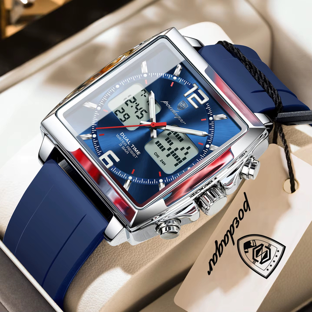 POEDAGAR Fashion Original Man Square Watch Electronic LED Alarm Chronograph Quartz Men's Watches Week Date Dual Time Men Clock