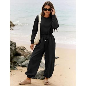 Combinaison décontractée pour femmes, manches longues, col rond, jambes larges, taille à cordon de serrage avec poches, tenue toutes saisons - Product Image 6
