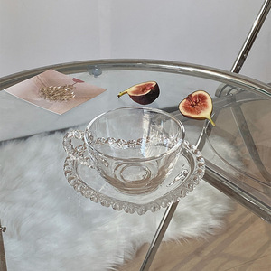 Ensemble <span class=keywords><strong>tasse</strong></span> à <span class=keywords><strong>café</strong></span> et soucoupe en verre en forme <span class=keywords><strong>de</strong></span> cœur avec bordure perlée romantique française Solhui, <span class=keywords><strong>tasse</strong></span> à thé au lait et aux fleurs - Product Image 4