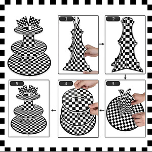 Support à gâteau à trois niveaux en papier à carreaux noir et blanc pour décorations de fête sur le thème des courses, présentation de table d'anniversaire - Product Image 5