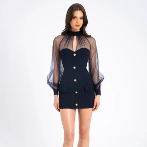 Vestido mini ajustado de cuello alto con mangas de malla y botones, de color liso, de gasa, para mujer. - Product Image 1