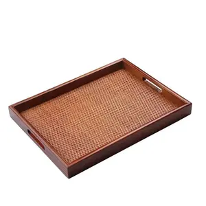 Cesta de mimbre para servir, bandeja tejida para servir, bandeja rectangular de ratán con asas de madera, juego de té japonés, plato de corazón tenue