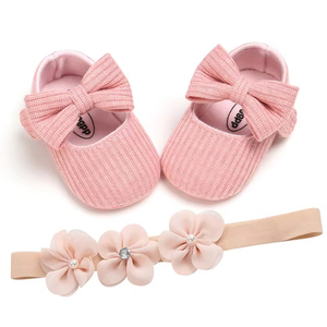 Premium First <strong>Walkers</strong> Baby Girl Shoes Soft Sole Cotton Anti-Slip Crib Shoes with <strong>Headband</strong> 2pcs Set - Product Image 3