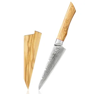 琥珀刀73层大马士革钢AUS10橄榄木手柄厨房美工刀，带对接马赛克铆钉