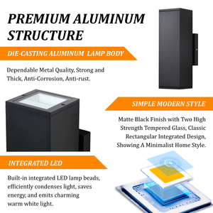 Đèn gắn tường ngoài trời tích hợp LED chiếu sáng lên xuống, bán chạy, hình vuông, 12W, 2700K, IP65, trang trí - Product Image 3