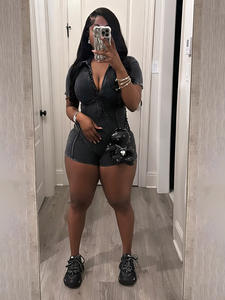 Buen Material de algodón lavado pantalones cortos monos mujeres cuello en V manga corta una pieza Skinny Romper Bodysuits - Product Image 2