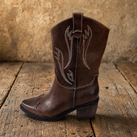 Bottes mi-mollet vintage en cuir de vachette style western pour femme, à enfiler, à revers épais et bout pointu