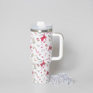 Custom <b>Christmas</b> Red Green Print Coated Stainless Steel 40OZ Camping Travel <b>Mug</b> with Handle and Straw - Product Image 3