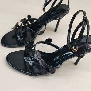 Nouvelles sandales d'été à talons pour femmes, motif feuille dorée, bout rond, décontractées, avec bride à la cheville, sexy - Product Image 3