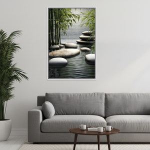 Printed Art Deco Panel <b>Canvas</b> Artwork Calming Bamboo & Stones Wall Art Clear <b>Framed</b> Hanging - Product Image 3