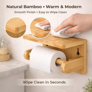 Portarrollos de papel higiénico de madera para colgar en la pared, sin necesidad de taladrar, con estante de almacenamiento, de bambú y madera para baño. - Product Image 3