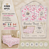 Parure de draps Queen 6 pièces en microfibre brossée double face, certifiée Oeko-TEX, ultra douce et infroissable, motif floral 2200 fils