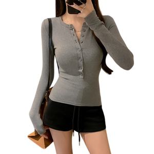 New Style Hot Girl Long-Sleeved T-Shirt Women's Slimming Button-Up Student <b>Top</b> Straight Shoulders Fitted Base <b>Layer</b> - Product Image 4