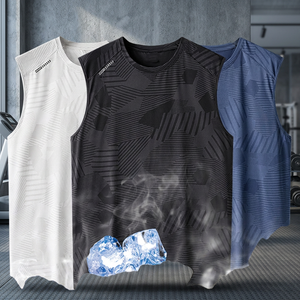 <b>Men's</b> Geometric Print Quick Dry Knitted Tank Tops O-Neck Sleeveless Sporty <b>Vest</b> in <b>White</b> Black Blue - Product Image 3