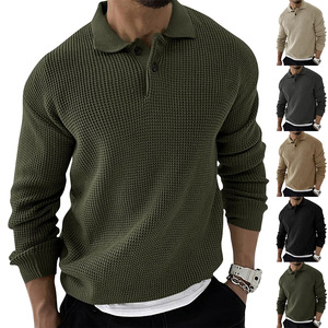 Pull en maille à col pour homme, manches longues, coupe ajustée, vert armée, beige, noir, kaki, gris foncé, mode jeune, automne 2025 - Product Image 1