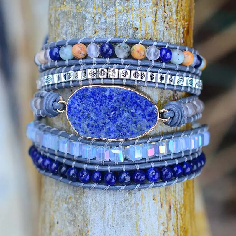 Vòng Tay Bọc Hạt Charm Lapis Đá Tự Nhiên Thời Trang Vòng Tay 5 Sợi Boho Thủ Công Vòng Tay Nữ Bán Sỉ