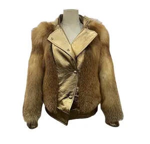 High end women's fox fur jacket with solid color patchwork sheepskin collar, genuine fox fur jacket for winter warmth