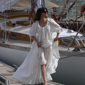 2025 alla moda <span class=keywords><strong>con</strong></span> scollo a <span class=keywords><strong>volant</strong></span> bianco cravatta anteriore ampia manica a palloncino in lino elegante camicetta da donna estiva Vintage - Product Image 3