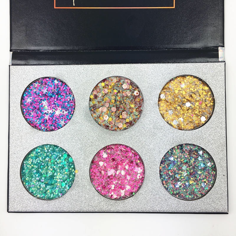 2019 Neue Make-up-Kosmetik benutzer definierte Glitter 6 Farben Private Label Lidschatten Glitter-Palette für Augen Gesicht Körper und Lippen