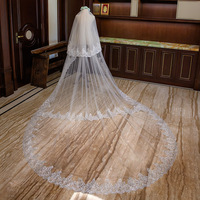 Voile de mariée long en ivoire LY-WV0043, 430 cm, avec dentelle brodée, paillettes et appliques en tulle doux, peigne de mariée