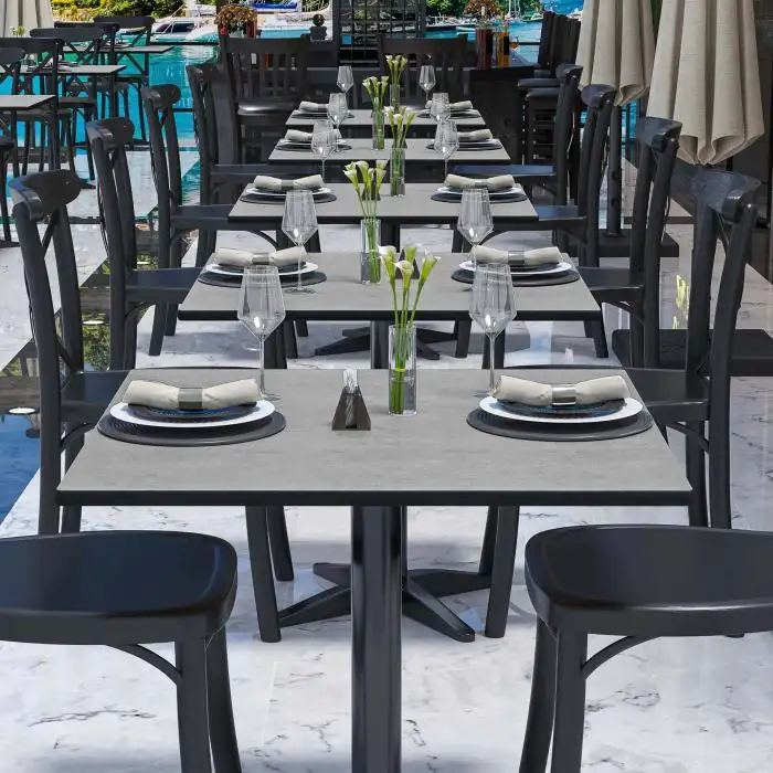 Mobilier d'hôtel durable, salle à manger personnalisée compacte stratifié hpl table supérieure d'extérieur