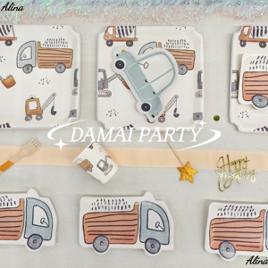 Fournitures de fête d'anniversaire pour enfants DAMAI Construction, vaisselle jetable orange pour garçons, gobelets en papier, serviettes, assiettes - Product Image 4