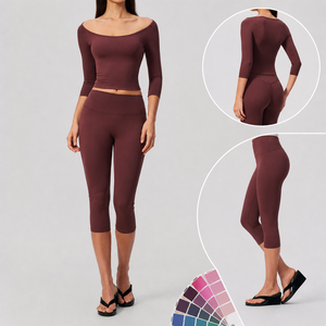 Ensemble de vêtements de sport pour femmes, haut court à épaules dénudées à manches 3/4, leggings capri, tenue de yoga et de gym, soutien doux, logo personnalisé, vêtements de sport - Product Image 1